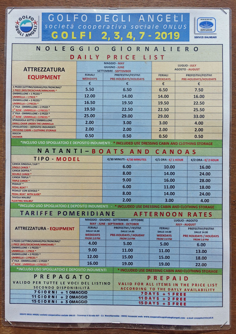 Preistafel am Strand von Poetto