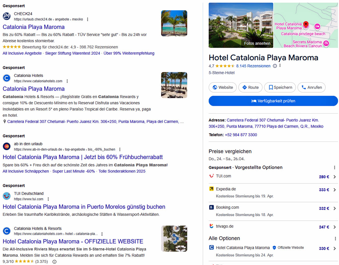 Google Abfrage für das Hotel Catalonia Playa Maroma