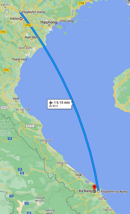 Flugroute von Hanoi nach Da Nang