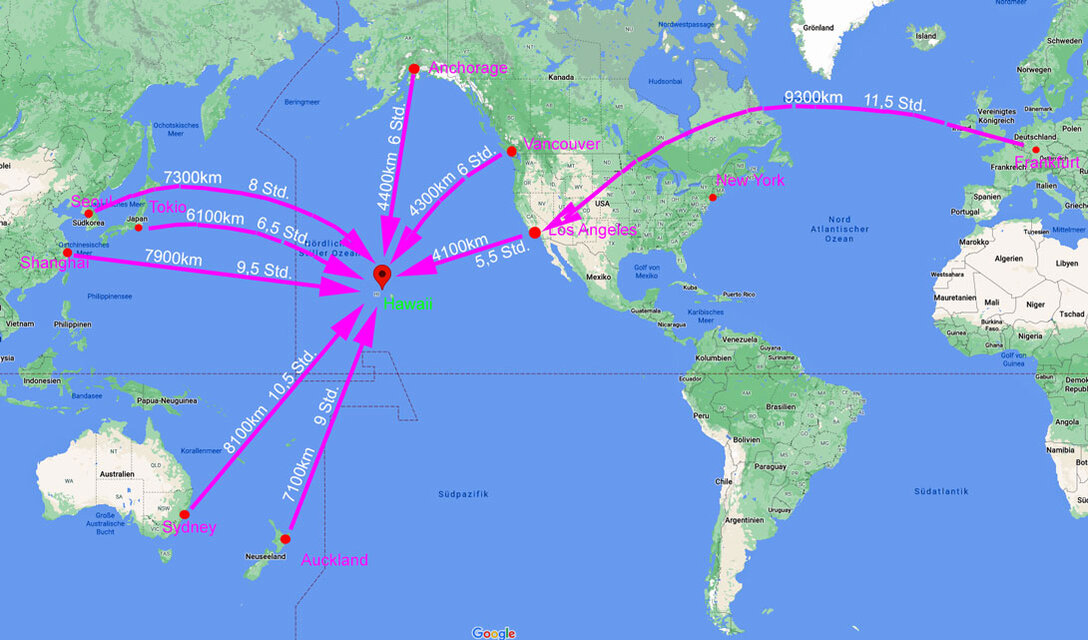 Entfernungen und Flugzeiten nach Hawaii