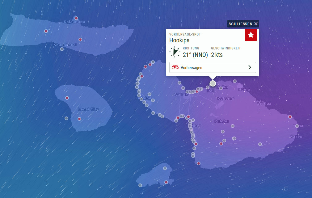 Karte mit Windbedingungen in Hookipa