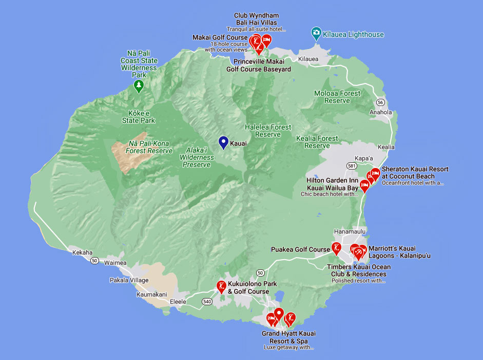 Golfplätze in Kauai Lage der Golfplaetze in Kauai