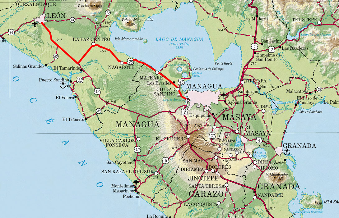 Landkarte Managua bis León Strecke von Managua nach León