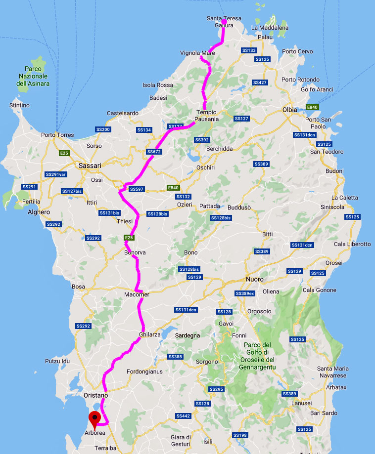 Route von Arborea nach Santa Teresa di Gallura