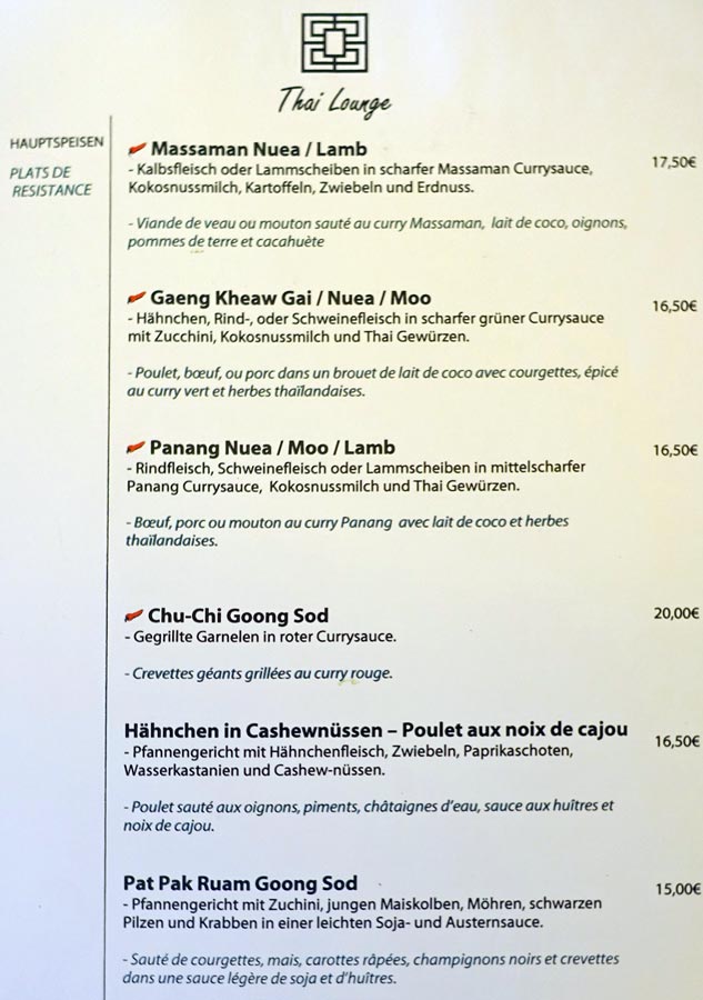 Speisekarte Thailounge im La Quinta Splendida