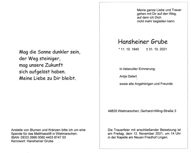 Todesanzeige von Hansheiner Grube