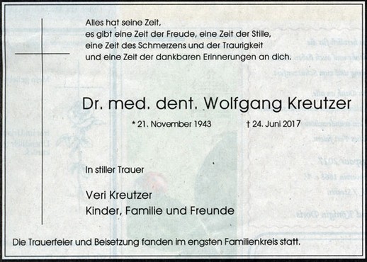 Todesanzeige Wolfgang Kreutzer