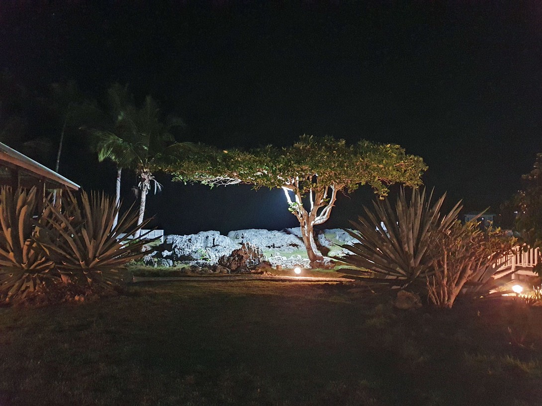 Abendbeleuchtung im Garten der Villa Serena